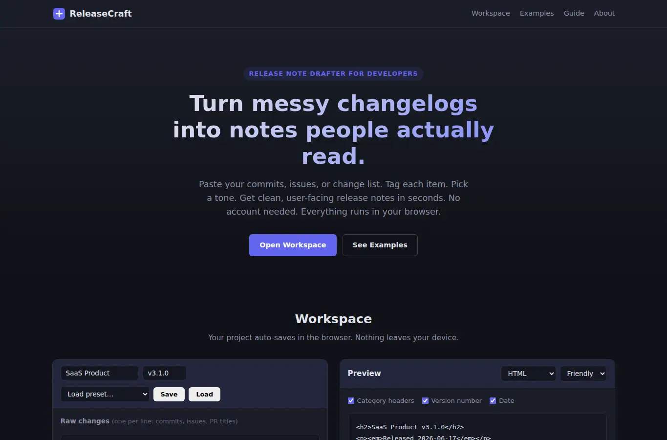 Screenshot of ReleaseCraft – Developer Release Note Drafter interface showing the project page in use